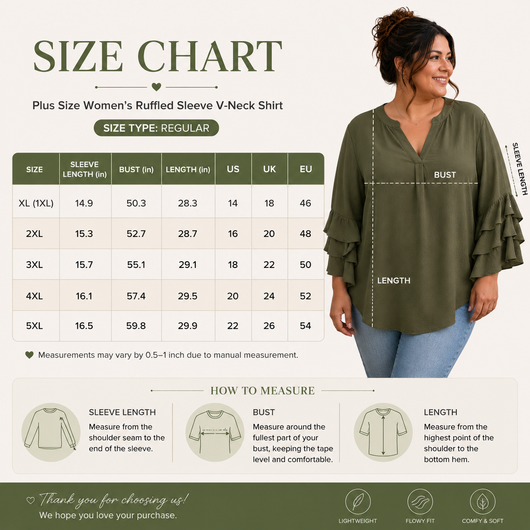 Plus Size Women's Ruffled Sleeve V-Neck Shirt