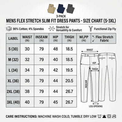3-Pack Mens Flex Stretch Slim Fit Dress Pants