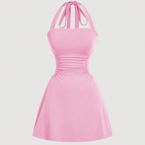 Women's Plain Ruched Tie Back Halter Dress