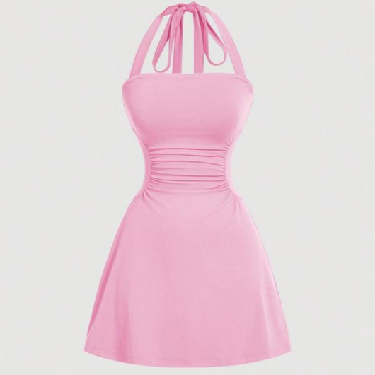 Women's Plain Ruched Tie Back Halter Dress