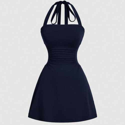Women's Plain Ruched Tie Back Halter Dress