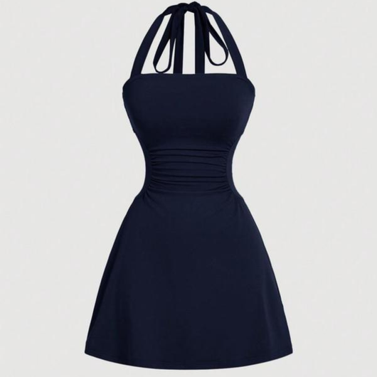 Women's Plain Ruched Tie Back Halter Dress