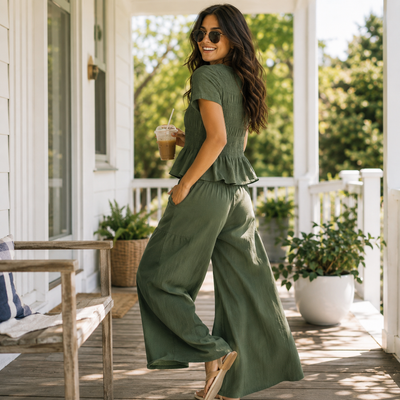 Women’s 2-Piece Smocked Top & Wide-Leg Pants Sets