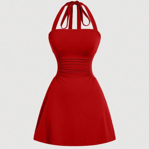 Women's Plain Ruched Tie Back Halter Dress