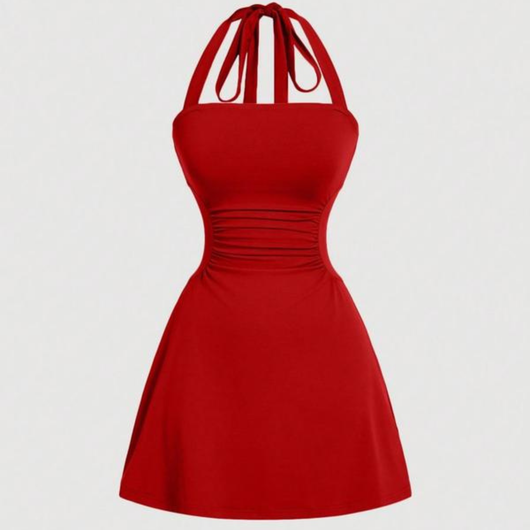 Women's Plain Ruched Tie Back Halter Dress