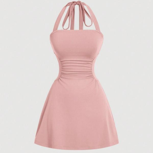 Women's Plain Ruched Tie Back Halter Dress