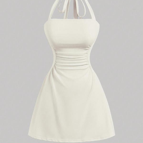 Women's Plain Ruched Tie Back Halter Dress