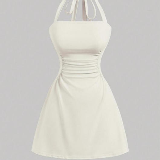 Women's Plain Ruched Tie Back Halter Dress
