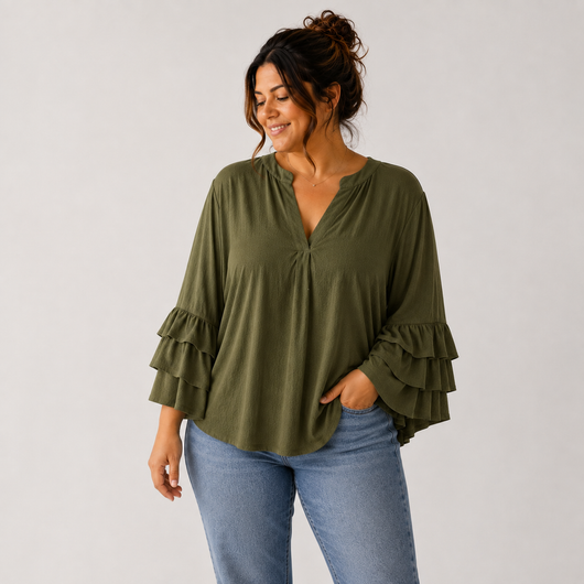 Plus Size Women's Ruffled Sleeve V-Neck Shirt