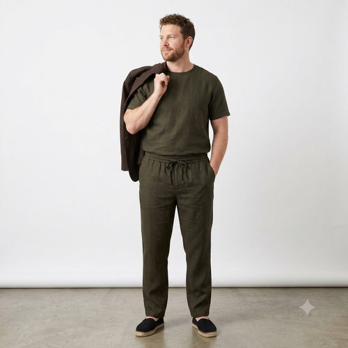 100% Linen Relaxed-Fit Drawstring Trousers