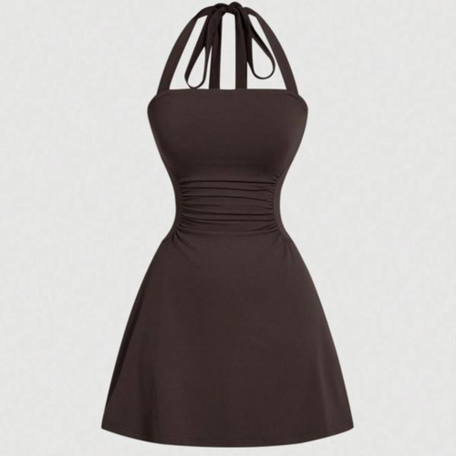Women's Plain Ruched Tie Back Halter Dress