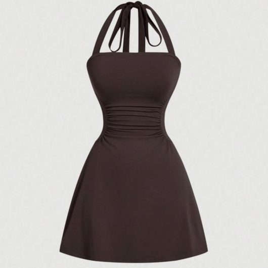 Women's Plain Ruched Tie Back Halter Dress