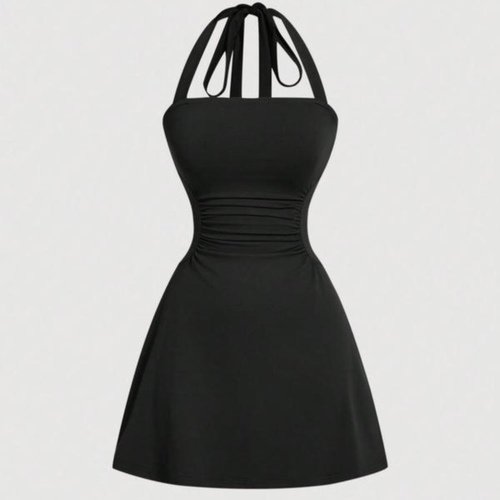Women's Plain Ruched Tie Back Halter Dress