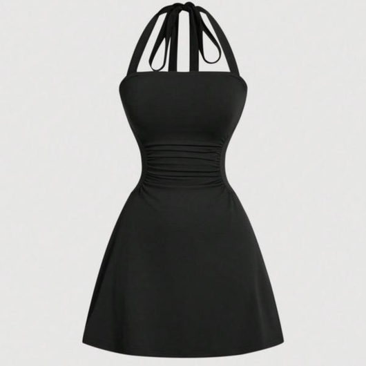 Women's Plain Ruched Tie Back Halter Dress