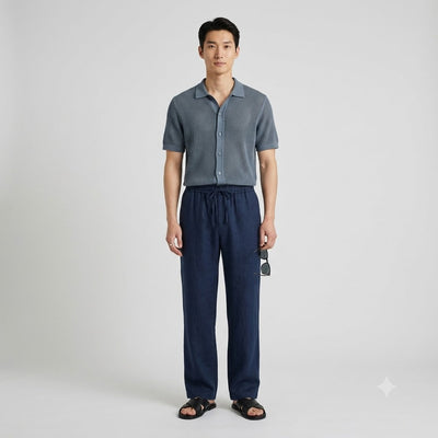 100% Linen Relaxed-Fit Drawstring Trousers