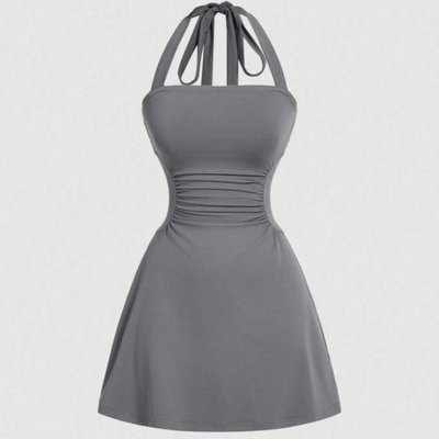 Women's Plain Ruched Tie Back Halter Dress