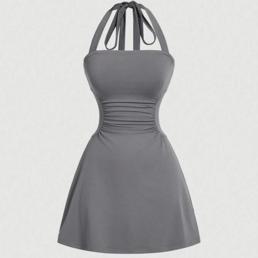 Women's Plain Ruched Tie Back Halter Dress