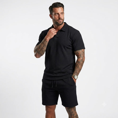 Men's Solid Polo Shirt & Drawstring Waist Shorts Set