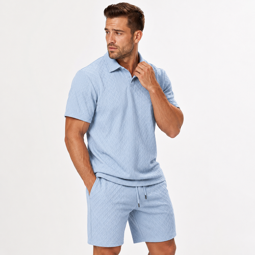 Men's Solid Polo Shirt & Drawstring Waist Shorts Set