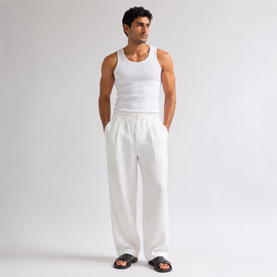 100% Linen Relaxed-Fit Drawstring Trousers