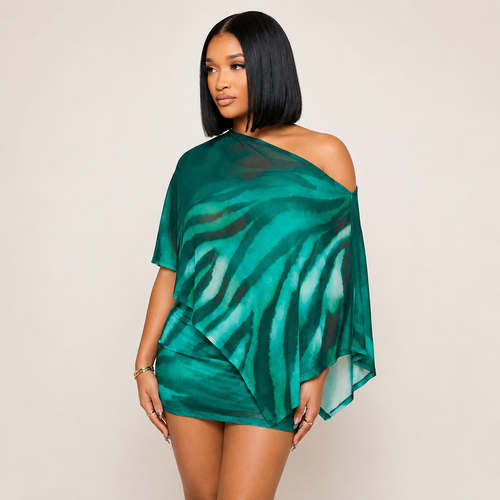 Women's One-Shoulder Animal Print Mesh Skirt Set