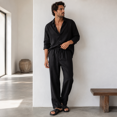 100% Linen Relaxed-Fit Drawstring Trousers