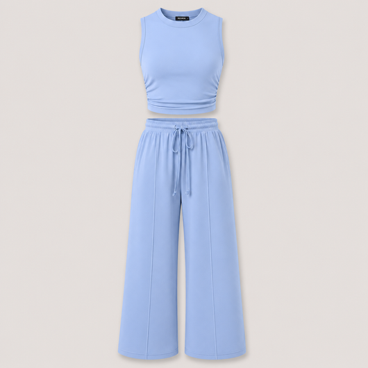 Ribbed Knit Crew Neck Sleeveless Cropped Top & Wide Leg Pants Lounge Set