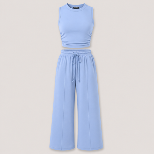 Ribbed Knit Crew Neck Sleeveless Cropped Top & Wide Leg Pants Lounge Set VIP