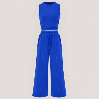 Ribbed Knit Crew Neck Sleeveless Cropped Top & Wide Leg Pants Lounge Set