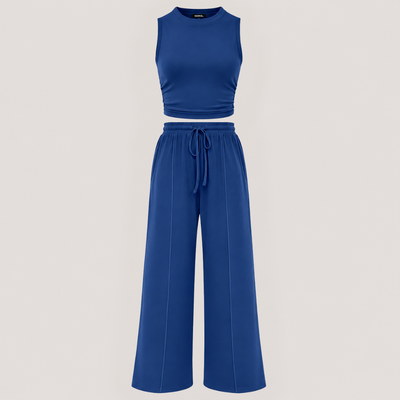 Ribbed Knit Crew Neck Sleeveless Cropped Top & Wide Leg Pants Lounge Set VIP