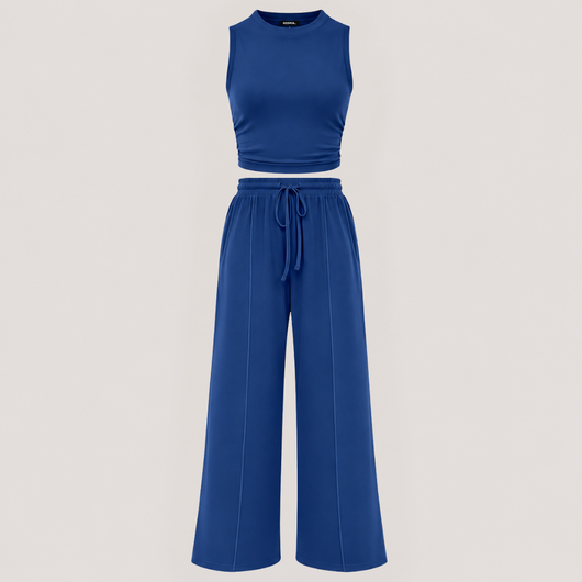 Ribbed Knit Crew Neck Sleeveless Cropped Top & Wide Leg Pants Lounge Set