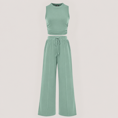 Ribbed Knit Crew Neck Sleeveless Cropped Top & Wide Leg Pants Lounge Set VIP