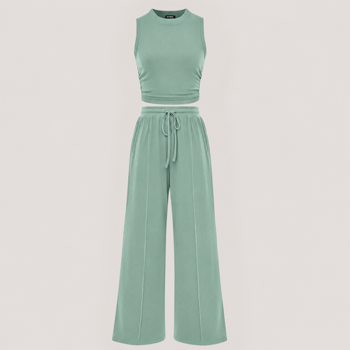 Ribbed Knit Crew Neck Sleeveless Cropped Top & Wide Leg Pants Lounge Set