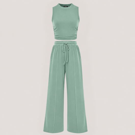 Ribbed Knit Crew Neck Sleeveless Cropped Top & Wide Leg Pants Lounge Set