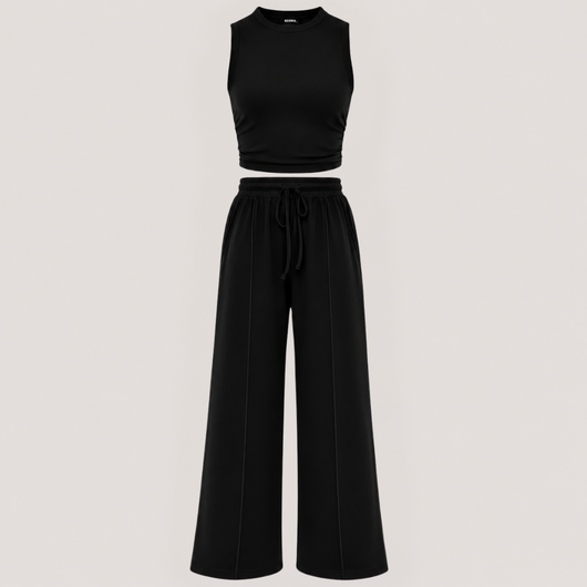 Ribbed Knit Crew Neck Sleeveless Cropped Top & Wide Leg Pants Lounge Set VIP