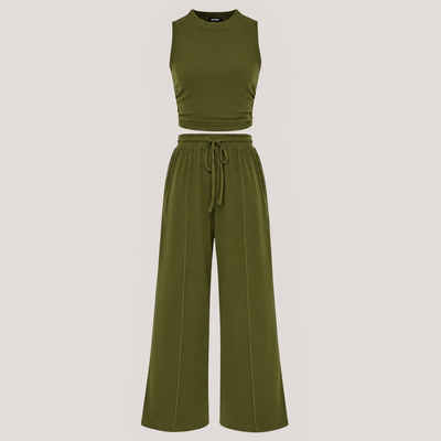 Ribbed Knit Crew Neck Sleeveless Cropped Top & Wide Leg Pants Lounge Set VIP
