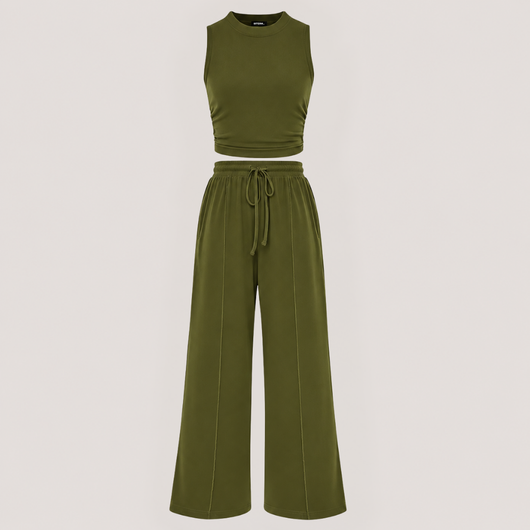 Ribbed Knit Crew Neck Sleeveless Cropped Top & Wide Leg Pants Lounge Set