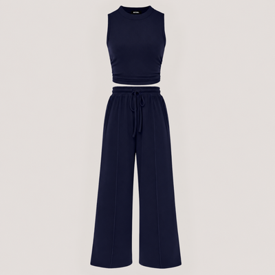 Ribbed Knit Crew Neck Sleeveless Cropped Top & Wide Leg Pants Lounge Set VIP