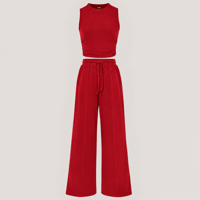 Ribbed Knit Crew Neck Sleeveless Cropped Top & Wide Leg Pants Lounge Set VIP