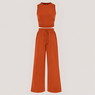 Ribbed Knit Crew Neck Sleeveless Cropped Top & Wide Leg Pants Lounge Set