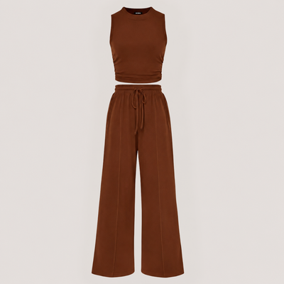 Ribbed Knit Crew Neck Sleeveless Cropped Top & Wide Leg Pants Lounge Set VIP