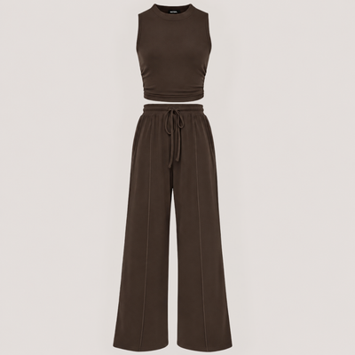 Ribbed Knit Crew Neck Sleeveless Cropped Top & Wide Leg Pants Lounge Set VIP