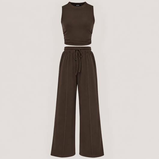 Ribbed Knit Crew Neck Sleeveless Cropped Top & Wide Leg Pants Lounge Set