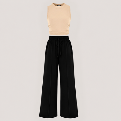 Ribbed Knit Crew Neck Sleeveless Cropped Top & Wide Leg Pants Lounge Set VIP