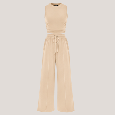 Ribbed Knit Crew Neck Sleeveless Cropped Top & Wide Leg Pants Lounge Set VIP