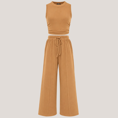 Ribbed Knit Crew Neck Sleeveless Cropped Top & Wide Leg Pants Lounge Set VIP