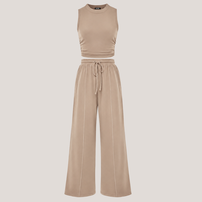 Ribbed Knit Crew Neck Sleeveless Cropped Top & Wide Leg Pants Lounge Set