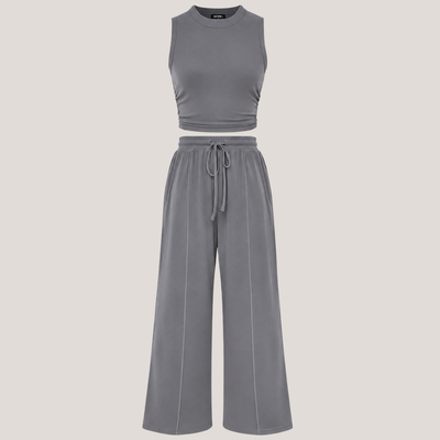 Ribbed Knit Crew Neck Sleeveless Cropped Top & Wide Leg Pants Lounge Set VIP