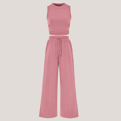 Ribbed Knit Crew Neck Sleeveless Cropped Top & Wide Leg Pants Lounge Set VIP