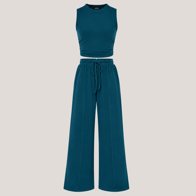 Ribbed Knit Crew Neck Sleeveless Cropped Top & Wide Leg Pants Lounge Set VIP